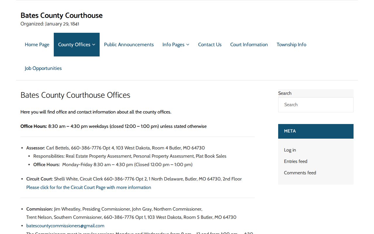 Bates County office directory with court and Sheriff contacts