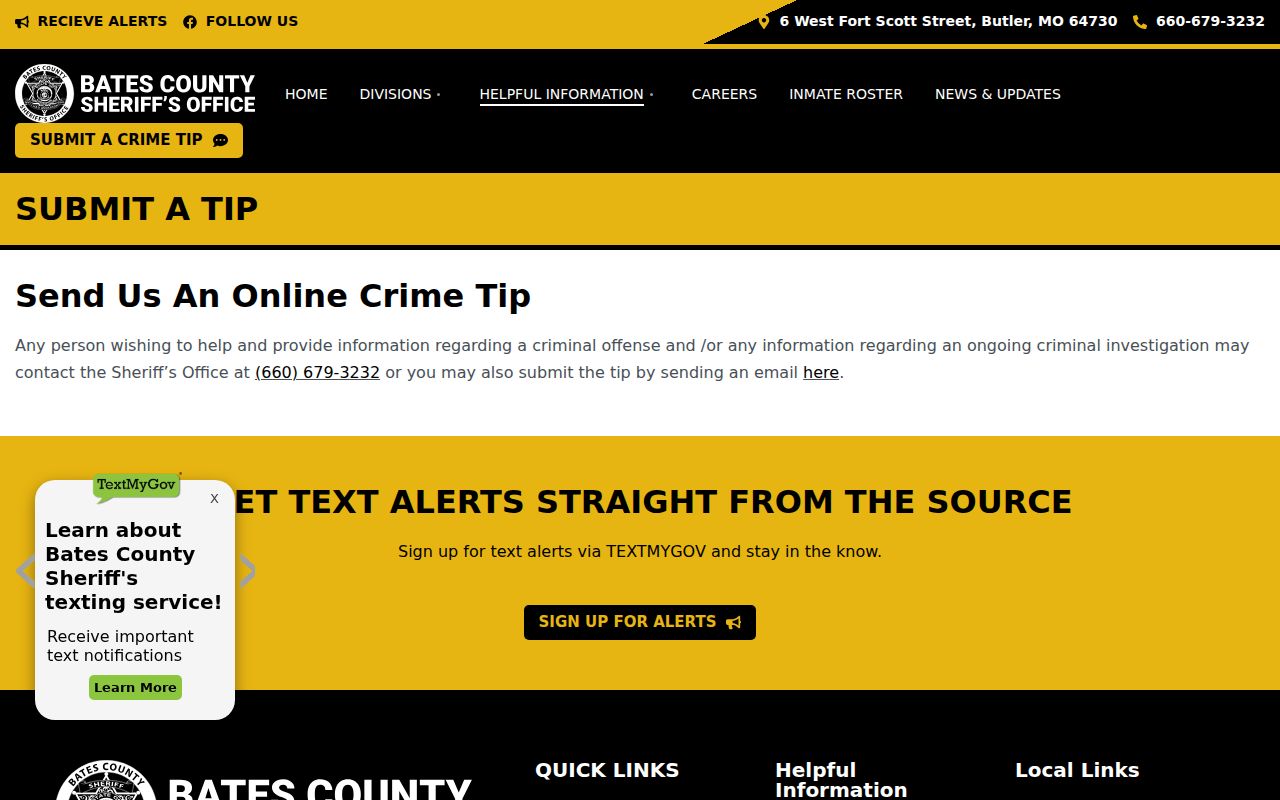 Bates County Sheriff official tip submission page
