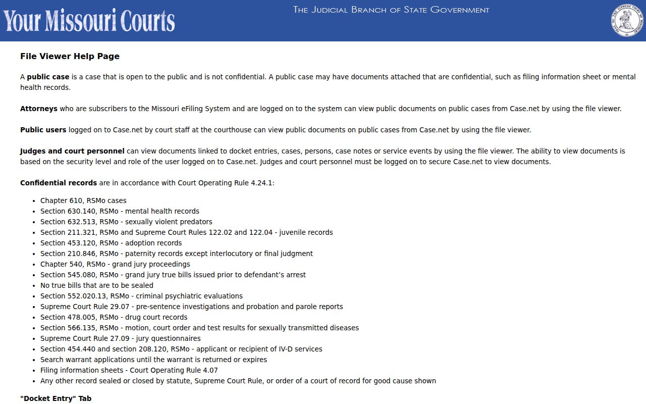 Missouri Courts file viewer guidance about confidential search warrant applications