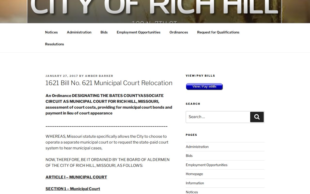 Rich Hill ordinance relocating municipal court records to the Bates County courthouse