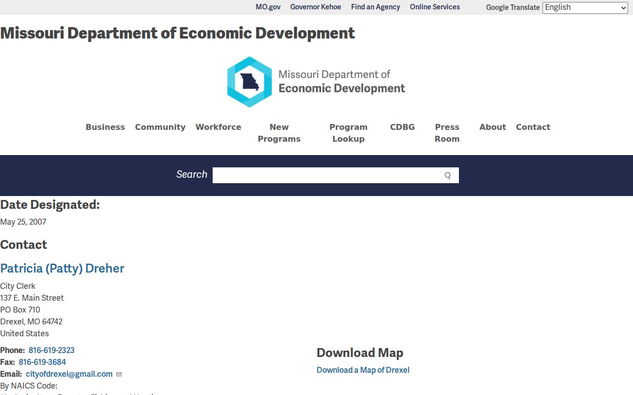 Missouri state profile with Drexel city clerk information