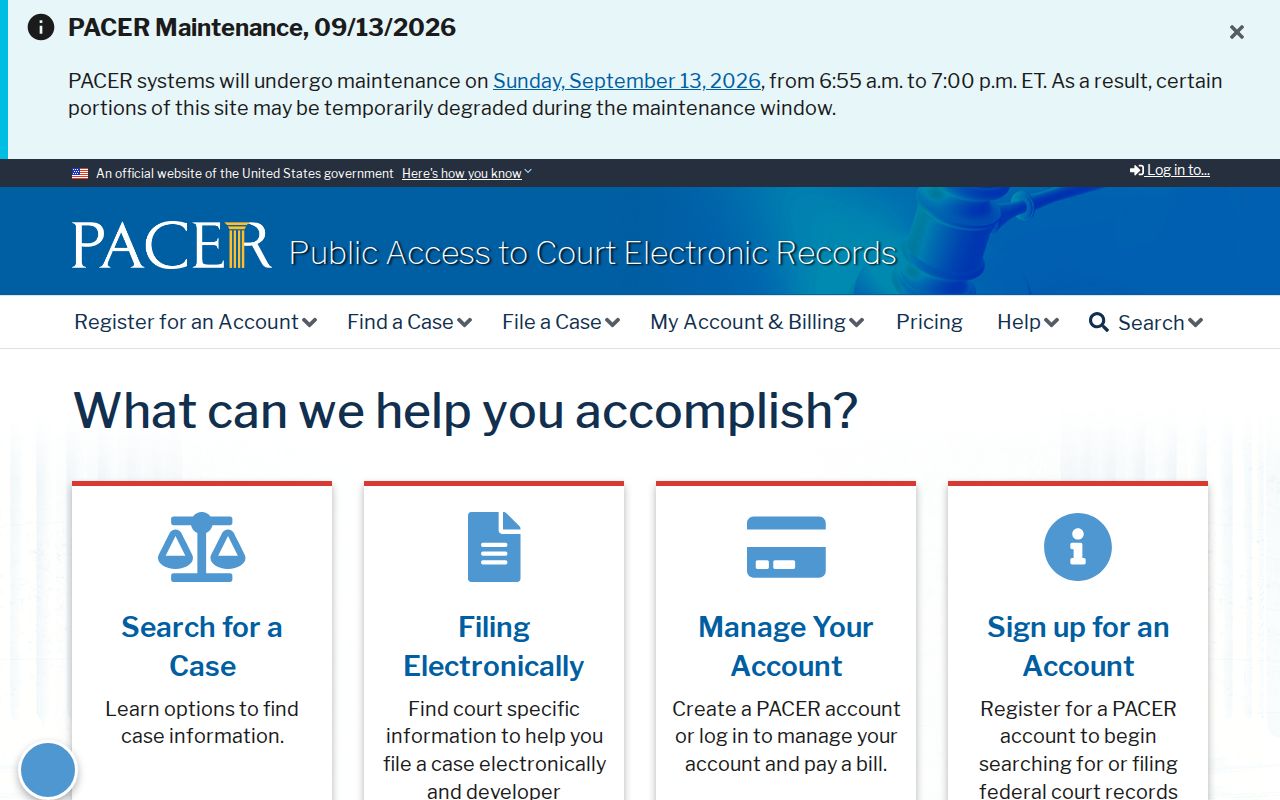 Official PACER federal case search choices