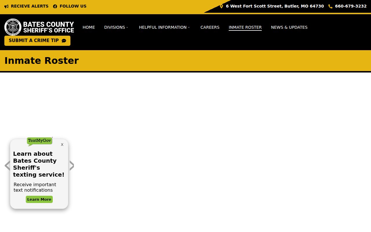 Blank Bates County Sheriff inmate roster interface, which is not a warrant list