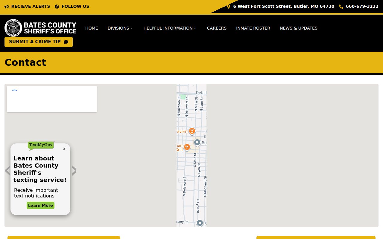Bates County Sheriff official contact page without a public warrant search